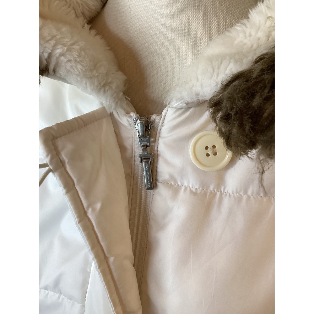 Polo Jeans Co Down Puffer Jacket Women Medium White Good Faux Fur Hood Bomber - Picture 2 of 9